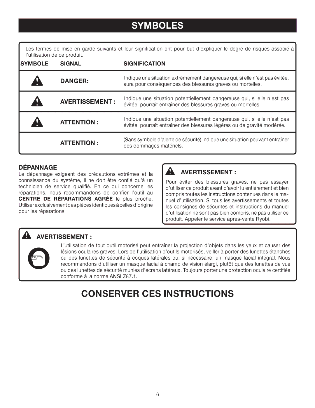 Ryobi P600 manual Avertissement , Symbole Signal Signification 